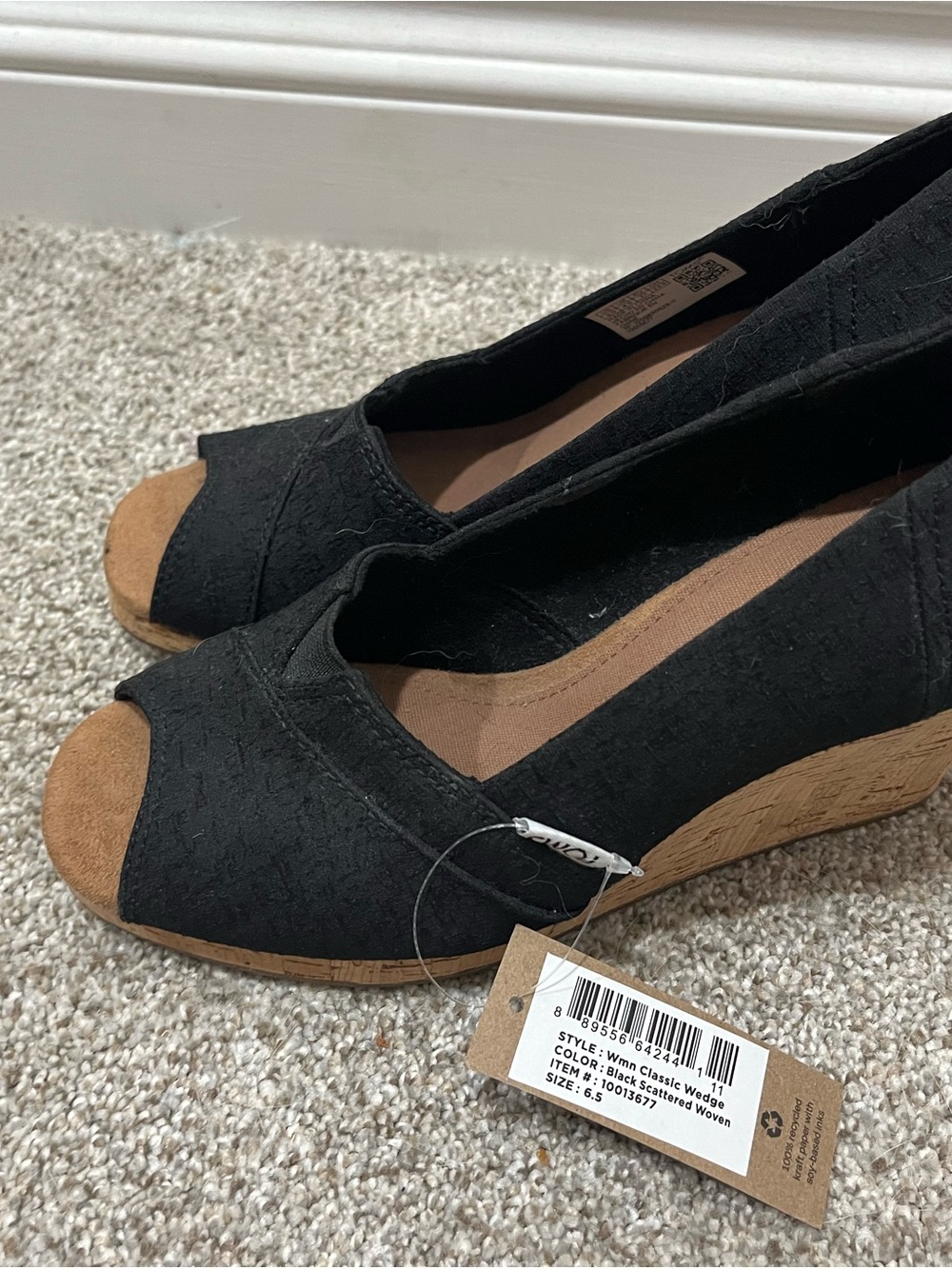 Toms Black Peep-Toe Wedge Sandals with Cork-Style Heel